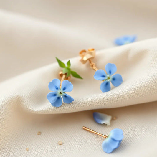 Blue forget-me-not flower earrings with delicate petals resting on soft fabric beside fresh blossoms