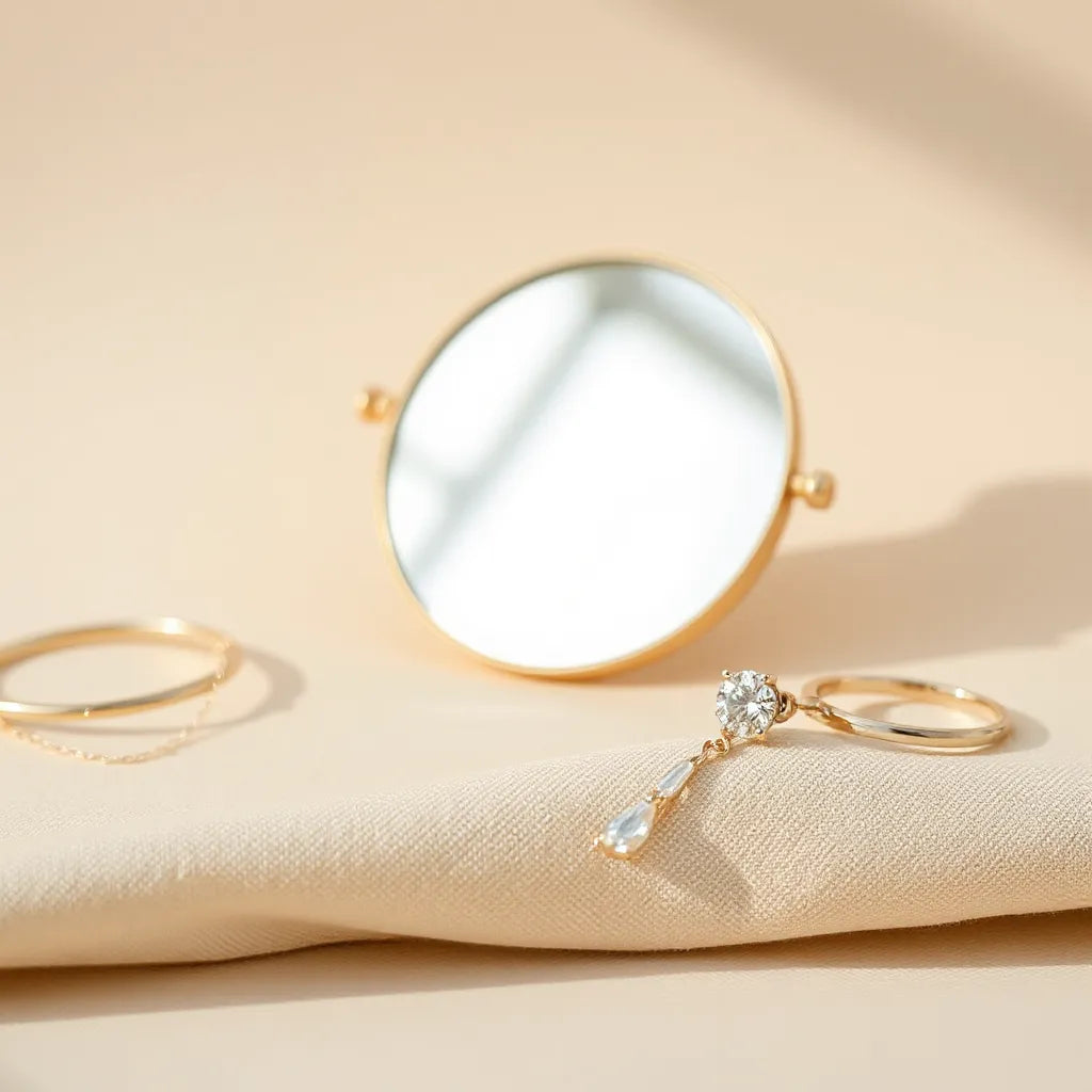 Long dangle earrings displayed on neutral fabric with soft, warm lighting and minimal accessories in the background