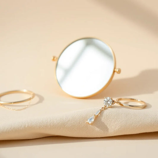 Long dangle earrings displayed on neutral fabric with soft, warm lighting and minimal accessories in the background