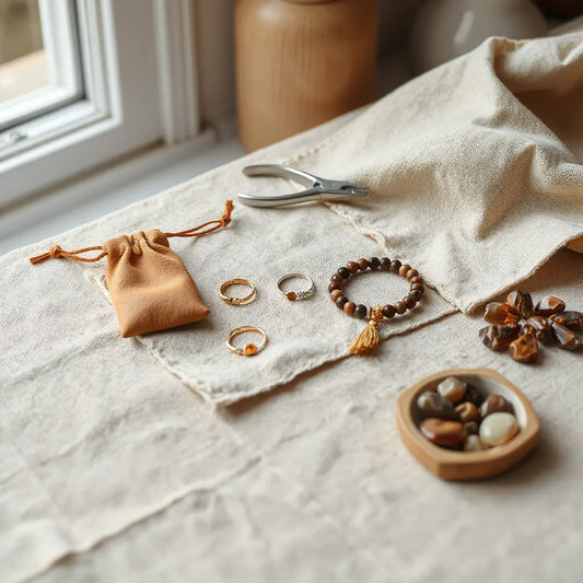 Handmade rings, bracelet, and pendant displayed on linen beside small jewelry tools and gemstones