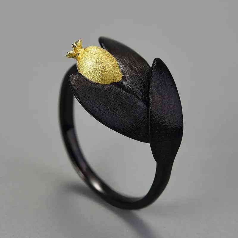 Pomegranate Fruits Leaves Adjustable Ring for Women. Sterling Silver.