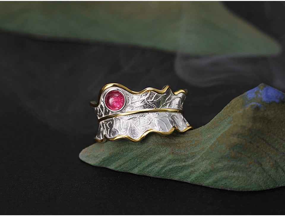 Sterling Silver Tourmaline Gemstone Adjustable Peony Leaf Ring