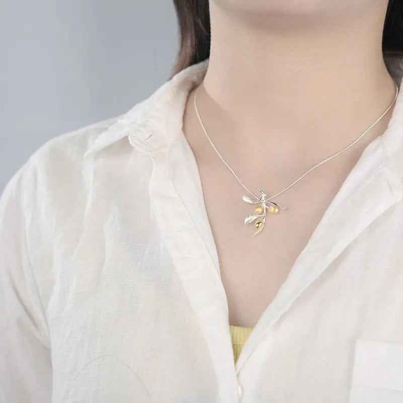 Luxury Olive Leaves Branch. Sterling Silver Necklace for Women