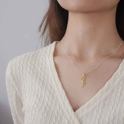 Sterling Silver Long Branch and Leaves Pendant. Chain and Necklace for Women