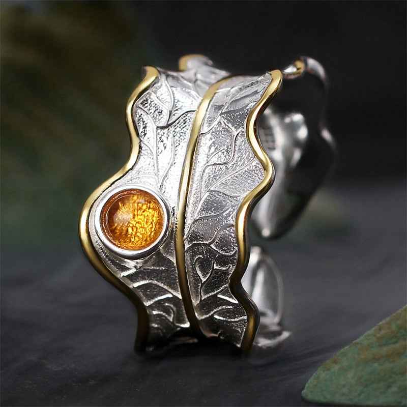 Sterling Silver Tourmaline Gemstone Adjustable Peony Leaf Ring