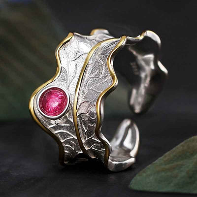 Sterling Silver Tourmaline Gemstone Adjustable Peony Leaf Ring