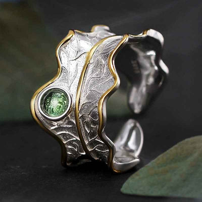 Sterling Silver Tourmaline Gemstone Adjustable Peony Leaf Ring