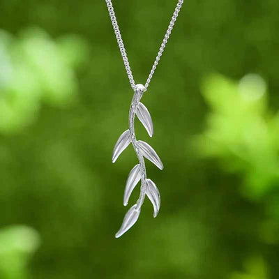 Sterling Silver Long Branch and Leaves Pendant. Chain and Necklace for Women