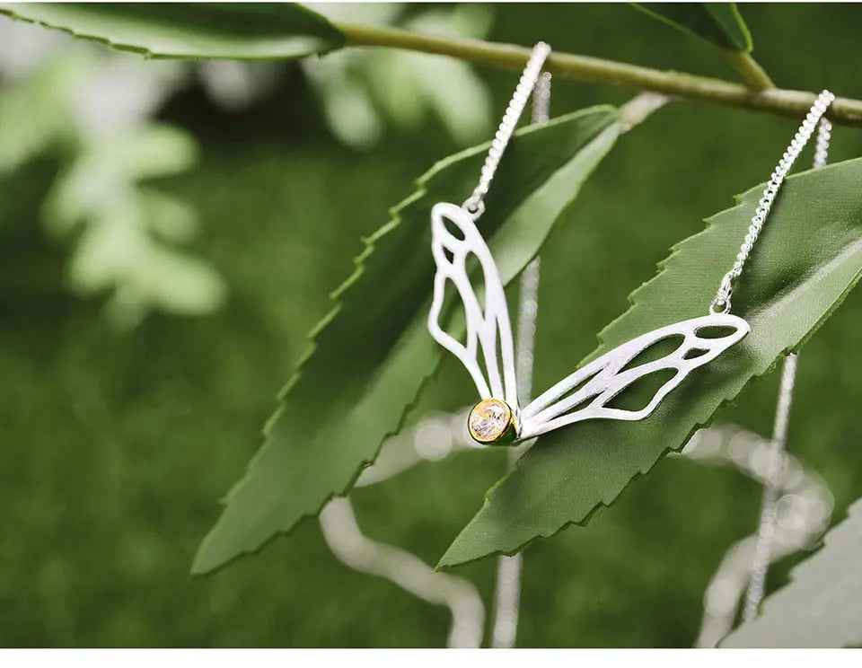 Sterling Silver Hollow Butterfly Wings Pendant Necklace for Women