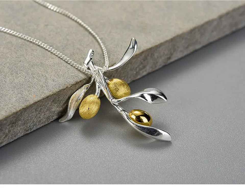Luxury Olive Leaves Branch. Sterling Silver Necklace for Women