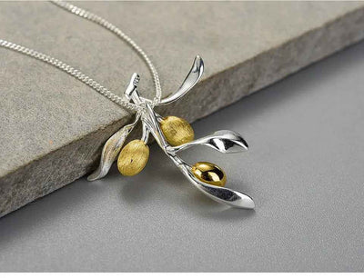 Luxury Olive Leaves Branch. Sterling Silver Necklace for Women