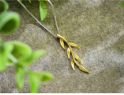 Sterling Silver Long Branch and Leaves Pendant. Chain and Necklace for Women