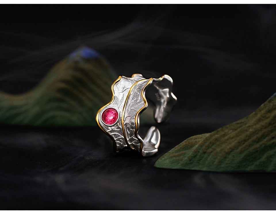 Sterling Silver Tourmaline Gemstone Adjustable Peony Leaf Ring