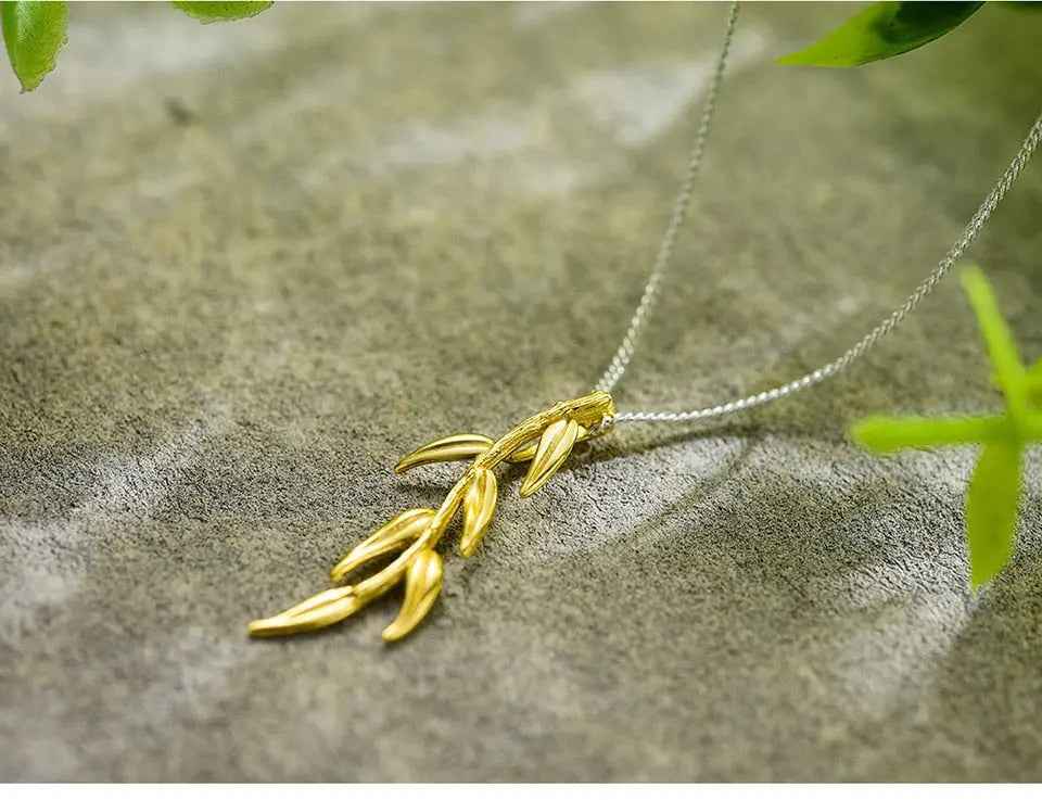 Sterling Silver Long Branch and Leaves Pendant. Chain and Necklace for Women
