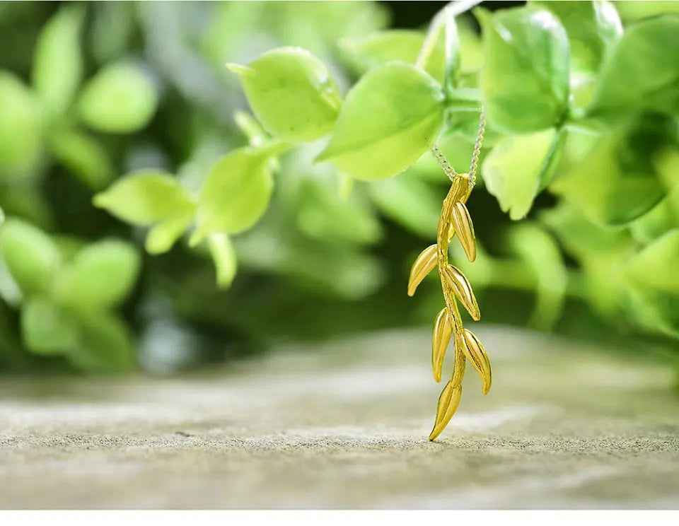 Sterling Silver Long Branch and Leaves Pendant. Chain and Necklace for Women
