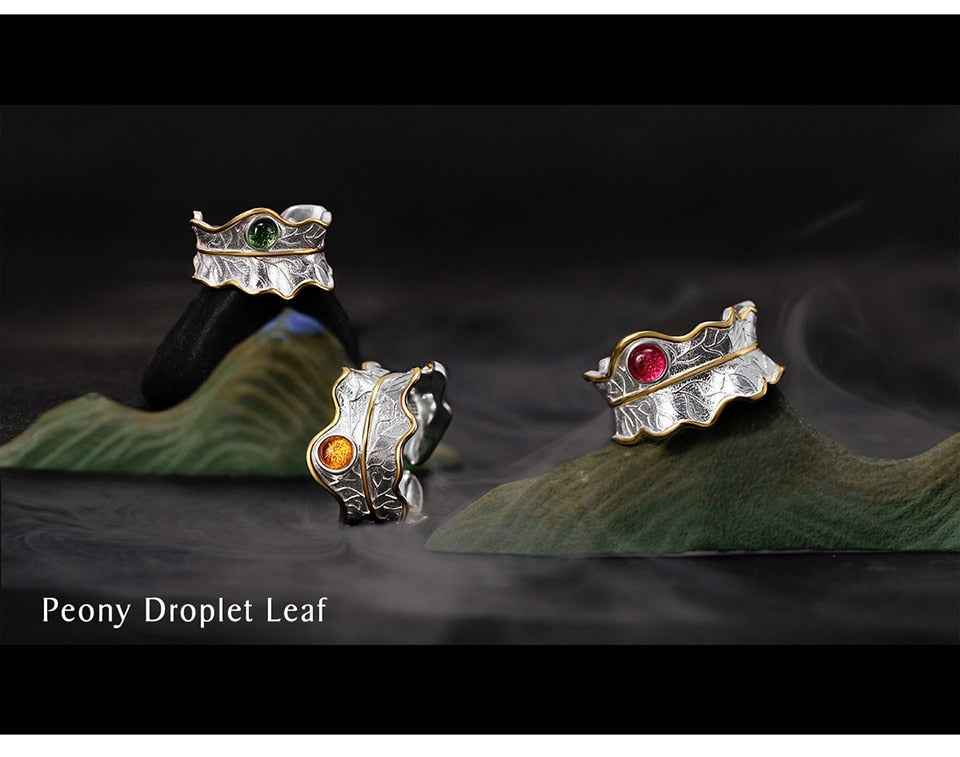 Sterling Silver Tourmaline Gemstone Adjustable Peony Leaf Ring