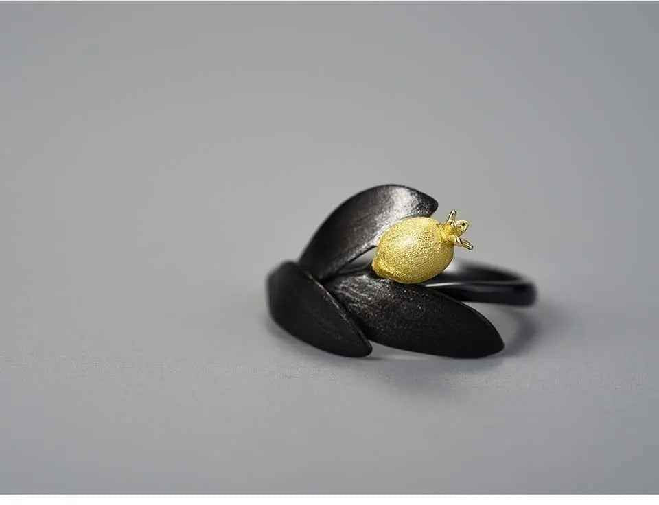 Pomegranate Fruits Leaves Adjustable Ring for Women. Sterling Silver.