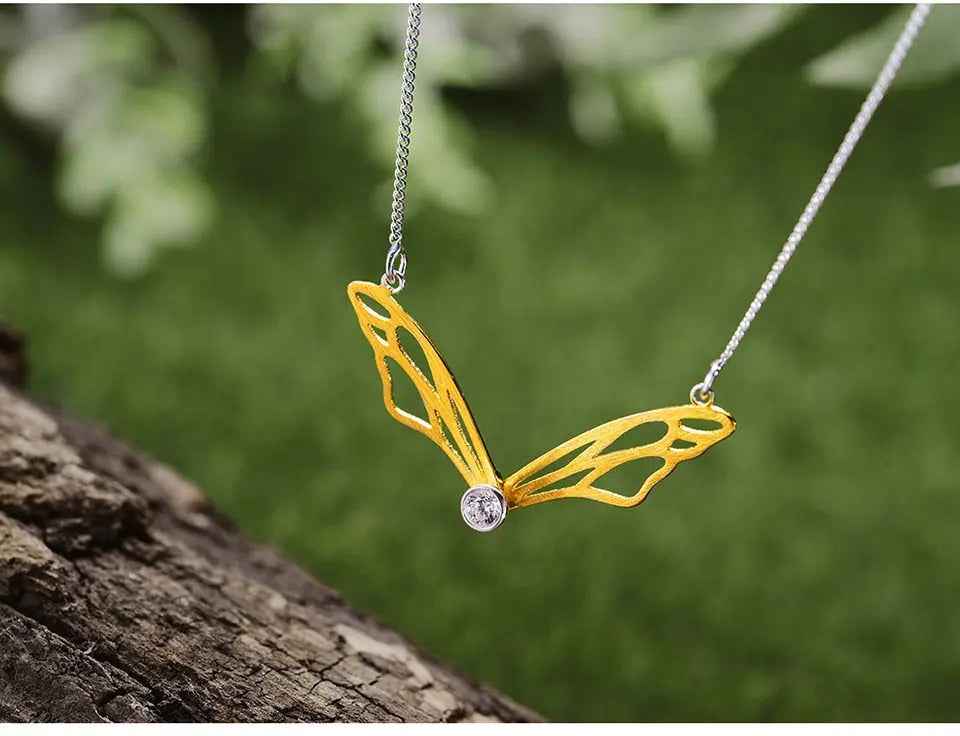 Sterling Silver Hollow Butterfly Wings Pendant Necklace for Women