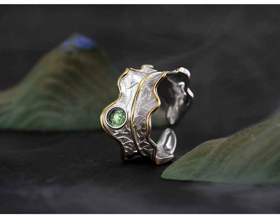Sterling Silver Tourmaline Gemstone Adjustable Peony Leaf Ring