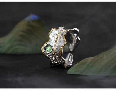 Sterling Silver Tourmaline Gemstone Adjustable Peony Leaf Ring