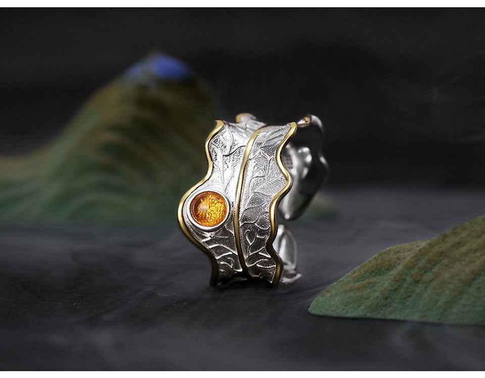 Sterling Silver Tourmaline Gemstone Adjustable Peony Leaf Ring