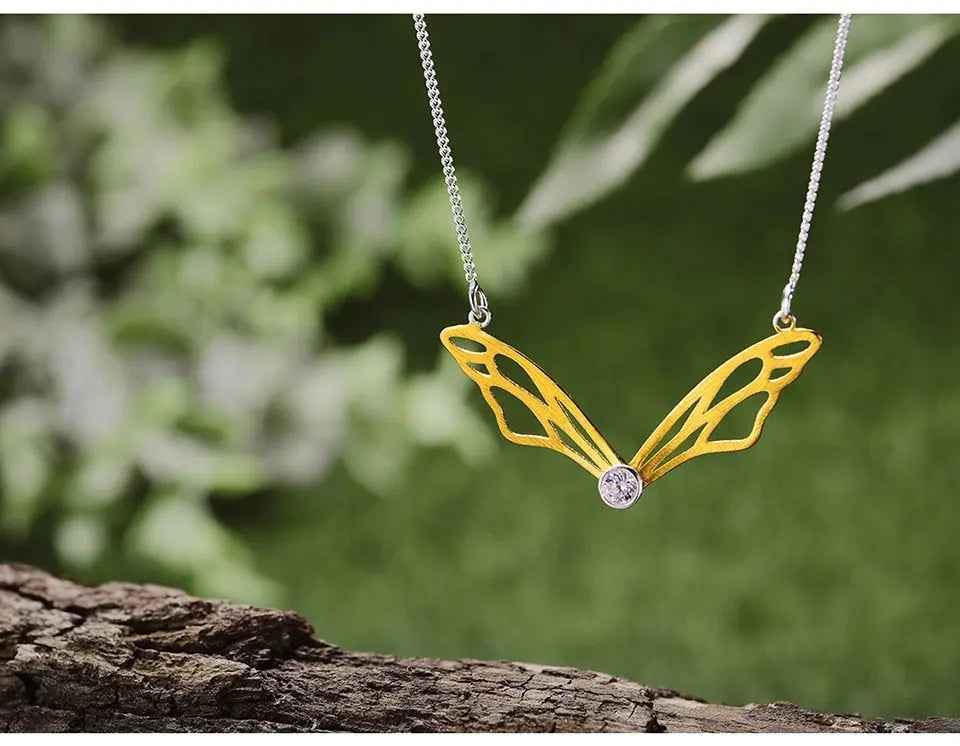 Sterling Silver Hollow Butterfly Wings Pendant Necklace for Women
