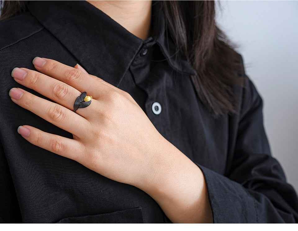 Pomegranate Fruits Leaves Adjustable Ring for Women. Sterling Silver.