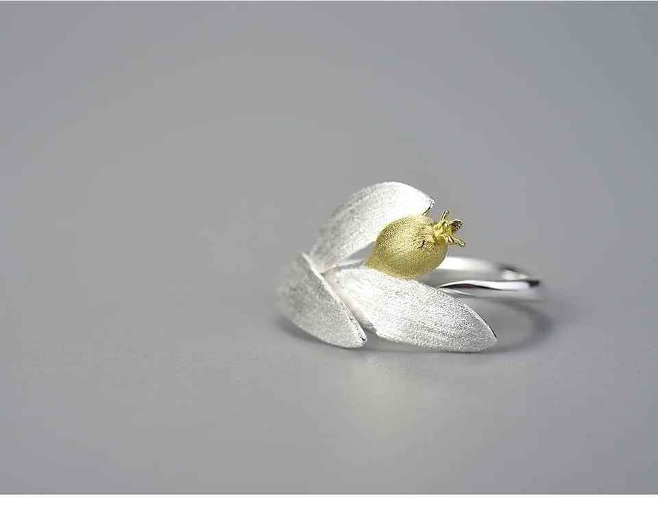 Pomegranate Fruits Leaves Adjustable Ring for Women. Sterling Silver.