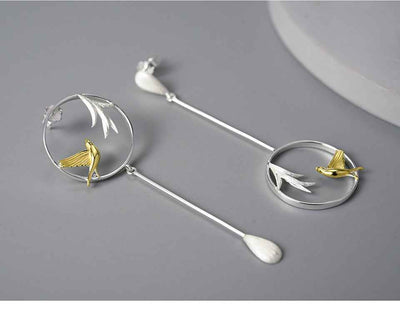 Swallow and Willow in Spring Wind Long Dangle Earrings