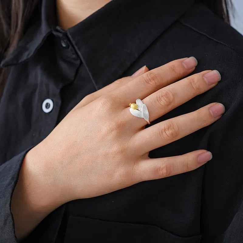 Pomegranate Fruits Leaves Adjustable Ring for Women. Sterling Silver.